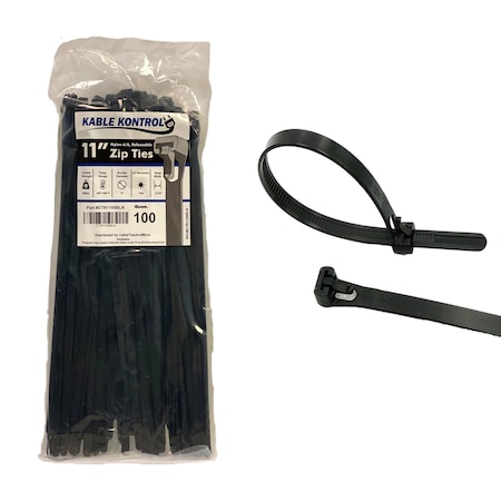 Kable Kontrol Cable Tie, 11 in L, 3 in Max Bundle Dia., Black, Nylon 6/6, 50 lb Strength, 100 PK CTR1100BLK